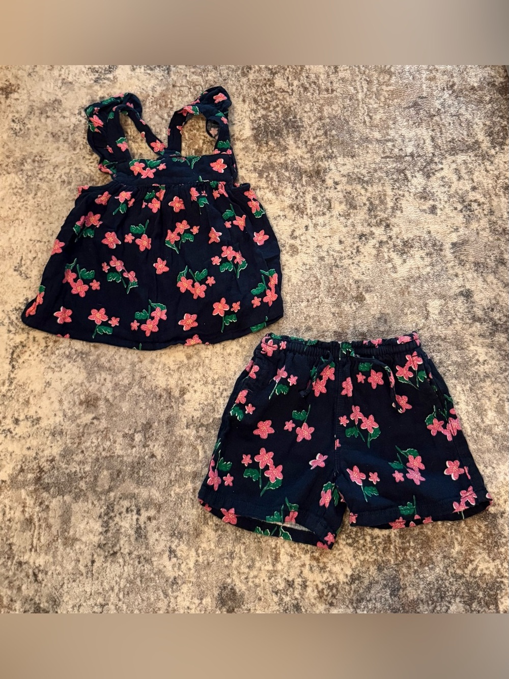 Old Navy Navy Floral Tank & Shorts Set - Pink and Green Flowers